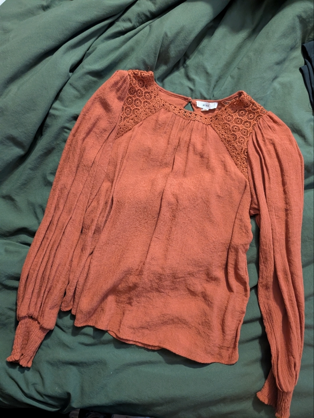 Women's Rust Long-Sleeve Crochet Accent Blouse